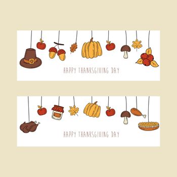 Hand drawn Thanksgiving elements for banner design. Holiday card in doodle style on white. Set of three horizontal banners