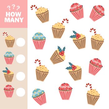 Educational counting game for preschool kids with different sweets. How many cupcakes. Cartoon vector illustration.