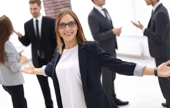 happy business woman with open arms