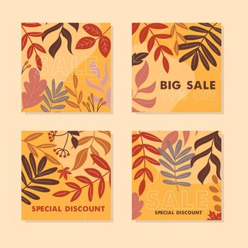 Abstract leaves art. A set of discount cards in orange and brown colors. Autumn leaves and decor elements. Sale tag. Vector illustration