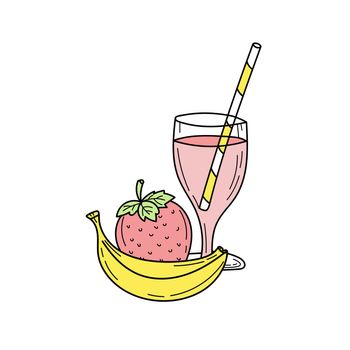 Banana and strawberry smoothie or lemonade in glass. Fresh summer drink. Isolated hand drawn image on white background. Detox and healthy life.
