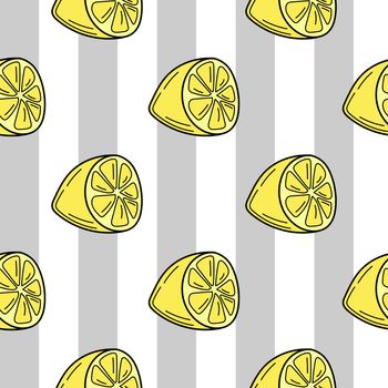 Hand-drawn lemons on a striped seamless background. Cartoon bright background for packaging, menu, textiles. Colorful wallpaper vector