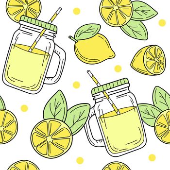 Vector seamless pattern with cartoon lemons and a glass jar with yellow lemonade and a straw. Hand drawn endless background