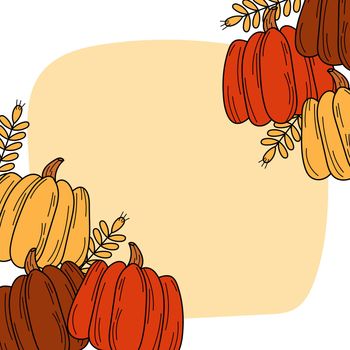 Hand autumn drawn Thanksgiving card. Pumpkin design. Beige on white background