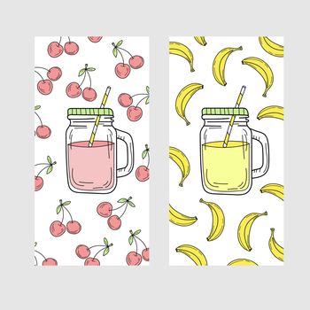 Cute set of bright summer cards with drinks. Cherry and banana lemonade and smoothies.