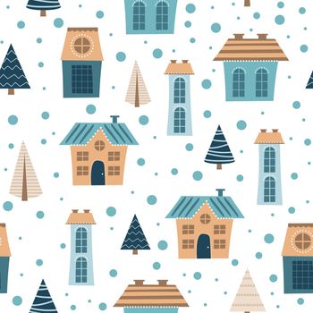 Seamless winter city pattern. Cartoon colored houses of different sizes - endless design for packaging or fabric