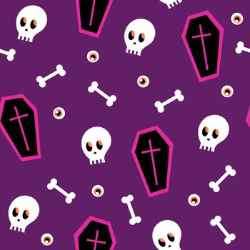 Seamless pattern - halloween coffin and skull on a purple background. Cartoon seamless pattern. Endless texture