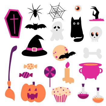 New big set of elements for Halloween. Cartoon icons for holiday and poster and invitation design in purple and pink colors