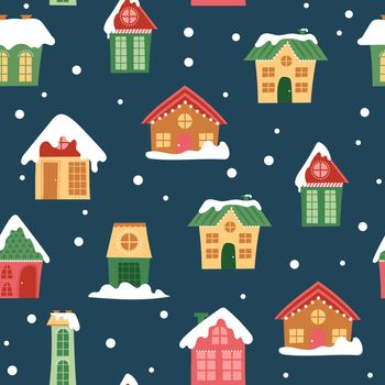 Seamless pattern with decorative colorful houses in winter time. Christmas and New Year holidays City endless background.