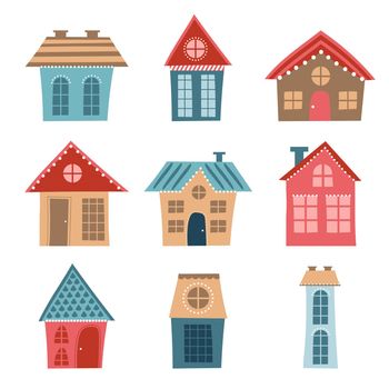 Set of cartoon funny houses in flat design on a white background. Blue and red colors