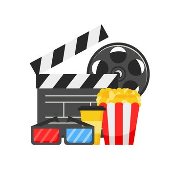 Cinema icons set in flat design style, vector illustration. Popcorn, soda or coffee, 3D glasses, movie clapper and reel on white