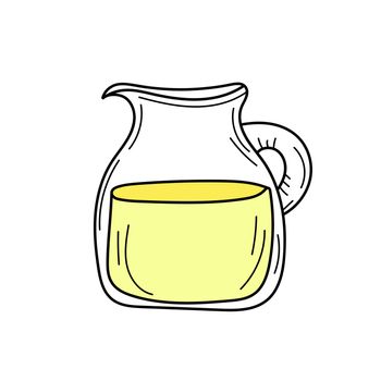 Yellow lemonade in glass jag. Fresh summer drink. Isolated hand drawn image on white background. Detox and healthy life.