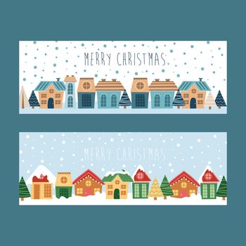 Winter town snowy street. Urban landscape. Christmas card Happy Holidays banner. Vector illustration flat design.