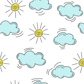 Kids hand drown clouds and sun. Hand drawn clouds and sun - seamless pattern on white