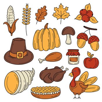 Colorful vector hand drawn doodle cartoon set of objects and symbols on the Thanksgiving autumn theme