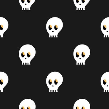 The pattern of the skull. Skulls on a black background. Cartoon seamless pattern. Endless texture. Bright and fashionable design for Halloween