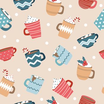 Cute Christmas and New Year seamless pattern for wrap paper with cups. Fashionable template for design.