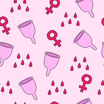 Menstrual cup. Feminine hygiene product. Zero waste object. Menstrual protection, feminine hygiene. Hand drawn vector illustration. Seamless pattern