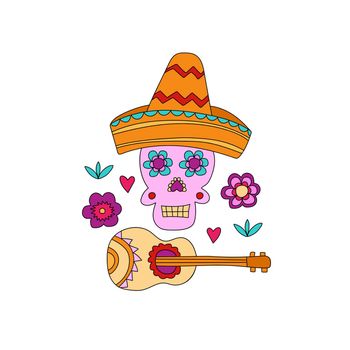Cinco de Mayo Fiesta hand drawn skull with decoration elements. Mexican holiday, Fiesta party. For poster, banner, greeting card