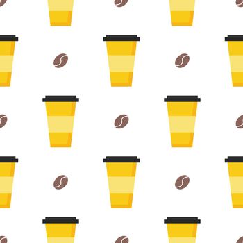 Cups of coffee to go with coffee beans seamless pattern. Cafe or Coffee shop background. Delicious drink. Vector illustration for design of menu