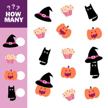 Educational activity worksheet for preschool kids. Counting children game of Halloween. Cute cartoon pumpkin, black cat, hat and cupcake