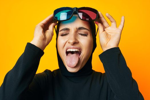 pretty woman 3D glasses entertainment emotions isolated background. High quality photo