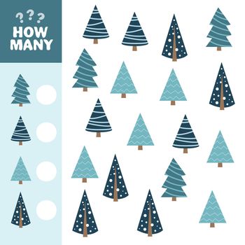 Mathematical game for children. How many blue Christmas tree. Vector illustration