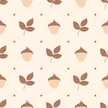 A minimalistic pattern in beige tones - acorn and leaves. Seamless hand-drawn pattern. Perfect for wallpaper, gift paper, autumn greeting cards