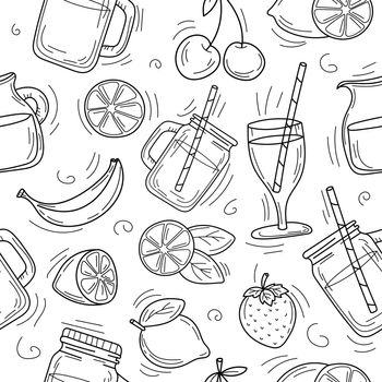 Cute cartoon hand drawn background of summer cocktails and lemonade. Doodle summer background. Black and white drawn