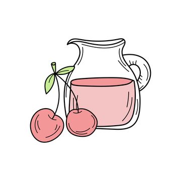 Juice with cherry in a glass jug, vector cartoon card with fresh berries isolated on white. Cherry lemonade in glass jug