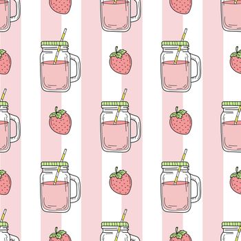 Strawberry smoothie - Seamless pattern on background. Lemonade in glass jar. Fresh summer drink. Perfect for restaurants, menu design, banners, flyers