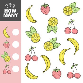 Game for preschool children. Count as many fruits in the picture, write down the result. Banana, lemon, cherry, strawberry. With a place for answers