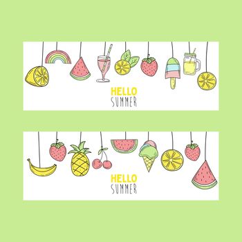Hand drawn summer elements for banner design. Card in doodle style on white. Set of horizontal banners. Set of summer cocktails line drawn sketch