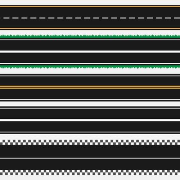 Template set of straight asphalt roads. Seamless road background. Different types of roads. Track. Grass road. Vector