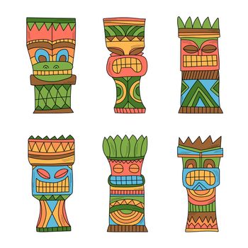 Colourful Wood Polynesian Tiki idols, gods statue carving. Vector illustration set on white