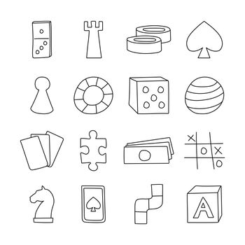 Board game icons in hand drawn cartoon style. Black and white doodle vector illustration.