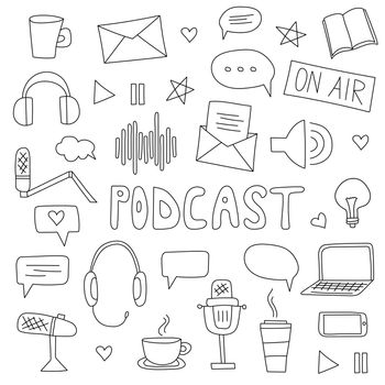 Podcast show. Vector hand drawn cartoon illustration with different podcast elements. Black and white color