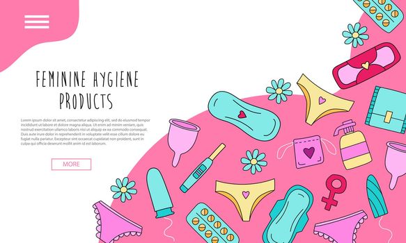 Hand drawn landing page with feminine hygiene products with colorful elements, concept of women protection during period, critical days banner.