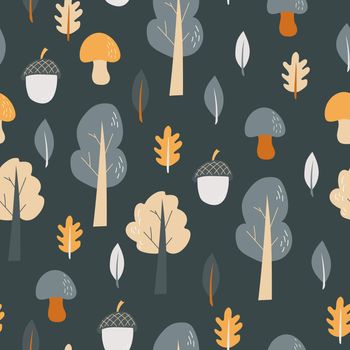 Seamless pattern - Vector illustration of hand drawn forest nature objects on dark grey. Autumn forest