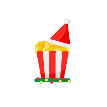 Colorful Christmas icon - popcorn. Santa hat on a box of salted popcorn. New Year movies concept