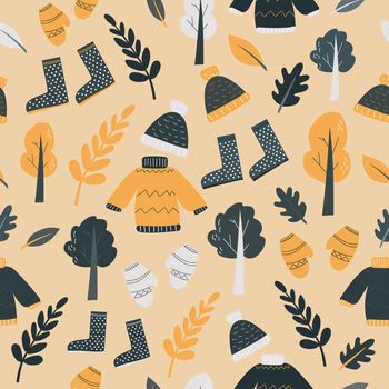 Seamless pattern with cute autumn cartoon elements - Forest, sweater, boots, hat, mittens. Fall season