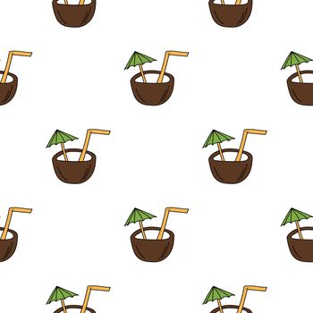 Hand drawn coconut cocktail seamless pattern on white background. Summer coctails. Repeating background. Use for fabric, wallpaper, wrapping