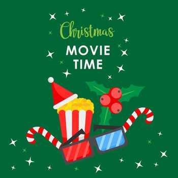 Christmas movie time. Cartoon banner on a green background with popcorn and 3D glasses. Holiday concept