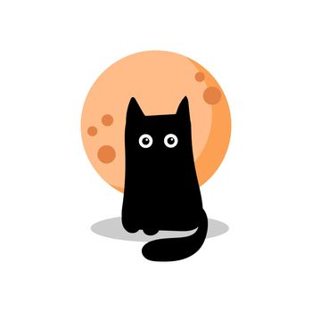 Black cat on the background of an orange full moon. Halloween card on white background. Image for design invitations