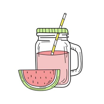 Hand drawn watermelon lemonade in a glass jar. Vector on white background. Fresh summer drink