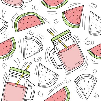 Hand drawn watermelon lemonade in a glass jar. Vector seamless pattern on white background. Fresh summer drink