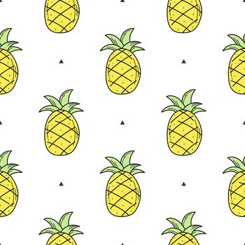 Seamless pattern of yellow hand drawn pineapple for design. Endless pattern on white background for print, textile, packaging