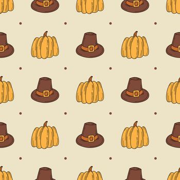 Seamless autumn pattern. Hat and pumpkin - seamless pattern. Hand drawn thanksgiving icons