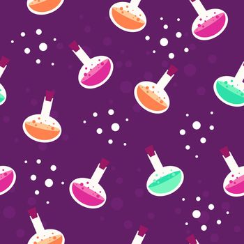 Bottles with poison on a purple background. Cartoon seamless pattern. Endless texture