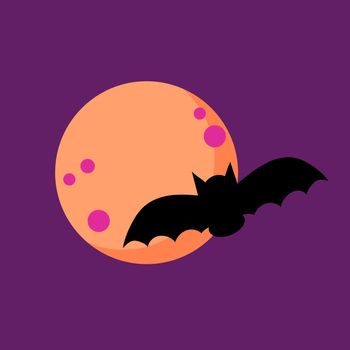 Bat on a background of an orange moon on a purple background. Simple vector icon